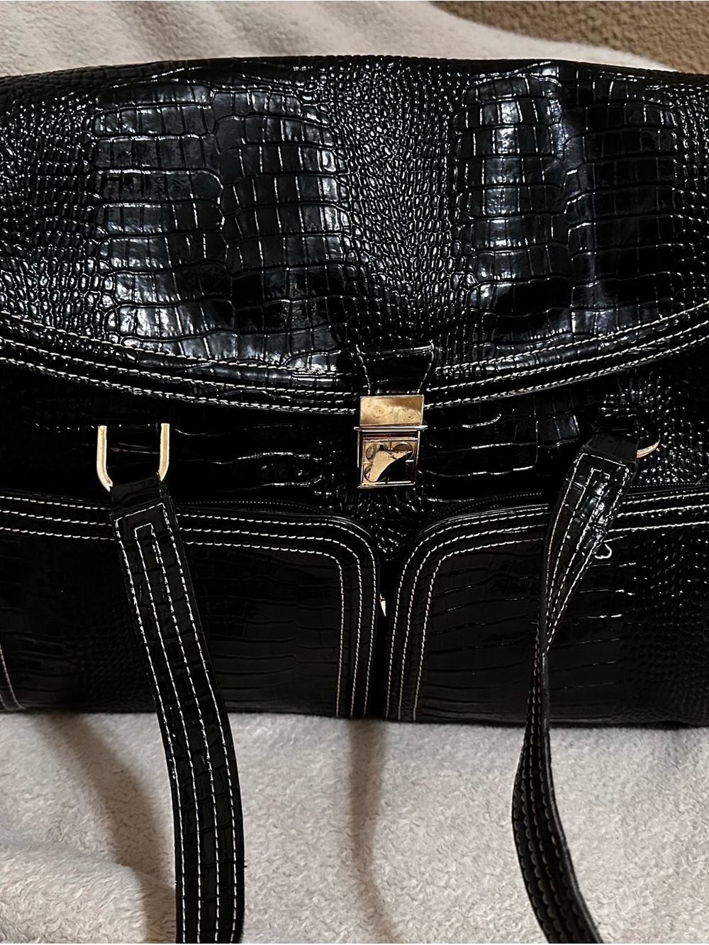 Liz Claiborne Black Croc-Embossed Satchel with Gold Lock
